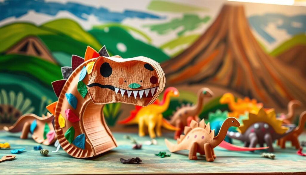 A whimsical paper plate dinosaur craft, crafted with vibrant hues and playful textures. In the foreground, a delightfully detailed T-Rex head emerges, its features sculpted from cardboard and its scales made of colorful paper scraps. The middle ground showcases a collection of smaller dinosaur shapes, each one unique and imaginative, arranged in a dynamic composition. The background features a vibrant, hand-painted landscape, with sweeping brush strokes of green, blue, and earthy tones, evoking a prehistoric setting. Warm, natural lighting casts a gentle glow, highlighting the intricate craftsmanship and the sense of childlike wonder. The overall atmosphere is one of creativity, joy, and a celebration of learning through hands-on exploration.