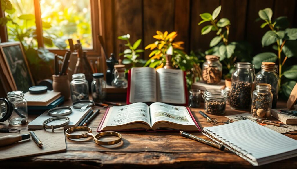 A workspace filled with curiosity and exploration. In the foreground, a wooden table displays an array of magnifying glasses, notebooks, and specimen jars, ready to uncover the wonders of the natural world. A warm, natural light filters through the window, casting a cozy glow over the scene. In the middle ground, a field guide to local insects rests open, beckoning the explorer to learn and discover. The background showcases lush, verdant foliage, hinting at the abundant life waiting to be explored. This image captures the excitement and anticipation of a bug and nature exploration adventure, preparing the adventurer for a day of hands-on learning and wonder.
