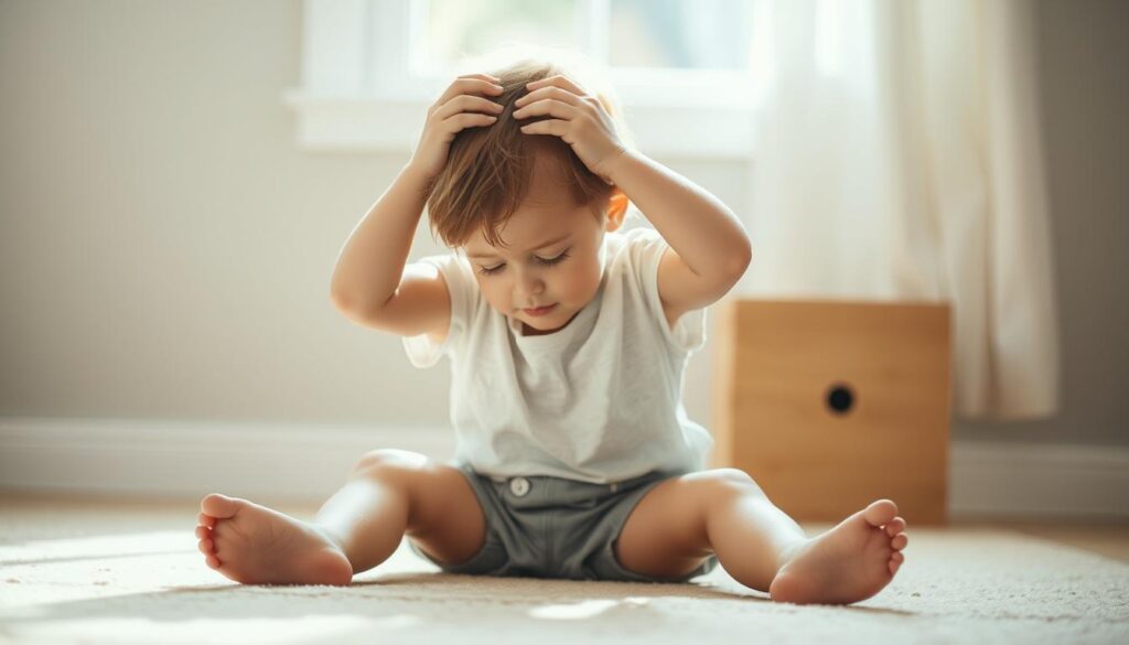 A young child sitting on the floor, hands on their head, with a pensive expression, surrounded by a calming, soft-focus environment. Muted pastel colors, natural lighting filtering through a window, creating a serene, nurturing atmosphere. The child's posture and body language suggest a state of sensory regulation, as they take a moment to self-soothe and find balance. The composition emphasizes the child's introspective focus, conveying the process of regulating one's own sensory experience. The image aims to illustrate the importance of understanding and supporting sensory regulation in children.