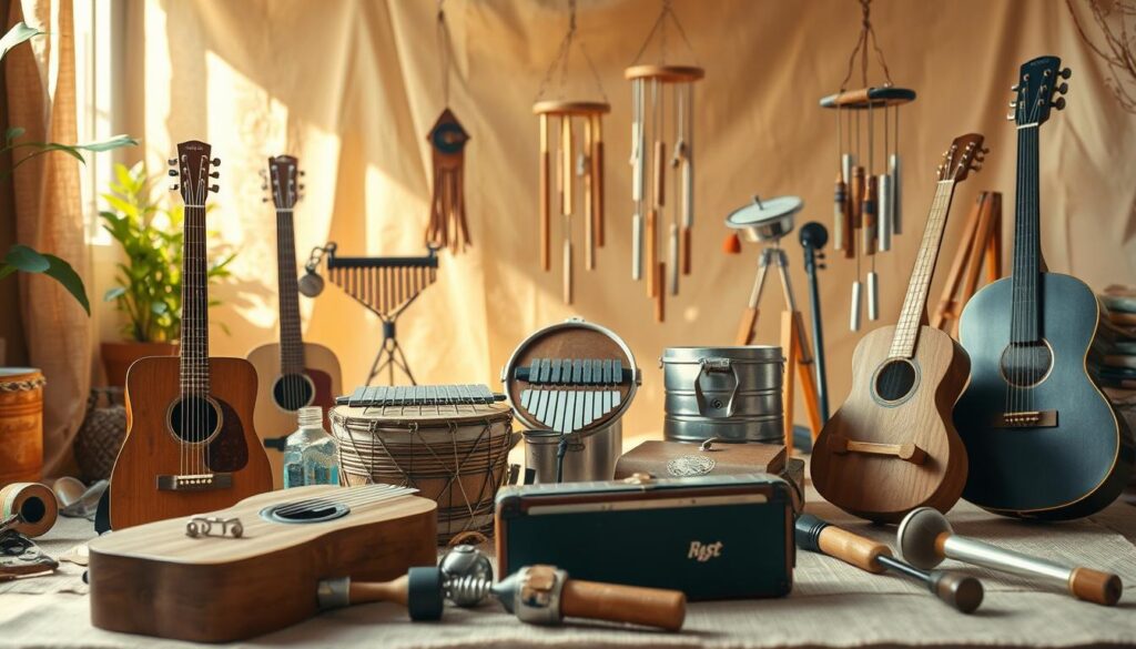An artistic overview of various DIY musical instruments, showcased against a soft, natural background. In the foreground, a diverse array of handcrafted instruments, including a guitar made from a cigar box, a percussion instrument fashioned from a tin can, and a wind chime constructed from repurposed materials. The middle ground features a collection of unexpected sound-making devices, such as a kalimba-like thumb piano and a simple homemade drum. The background depicts a serene, sunlit studio space, with hints of greenery and natural textures, conveying a sense of creativity, sustainability, and the joy of DIY music-making. Warm, diffused lighting illuminates the scene, casting gentle shadows and highlights to accentuate the unique, handcrafted qualities of the instruments.