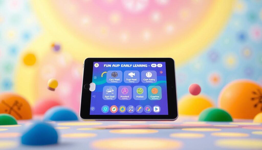 An early learning app floating in a serene digital landscape, surrounded by vibrant shapes and playful elements. In the foreground, a tablet display showcases a fun, interactive interface designed to engage young minds. The middle ground features icons and graphics representing key educational benefits such as cognitive development, problem-solving, and creative expression. The background is filled with a softly blurred pattern of primary colors, creating a calming, immersive atmosphere that reflects the app's focus on nurturing a child's natural curiosity and love of learning.