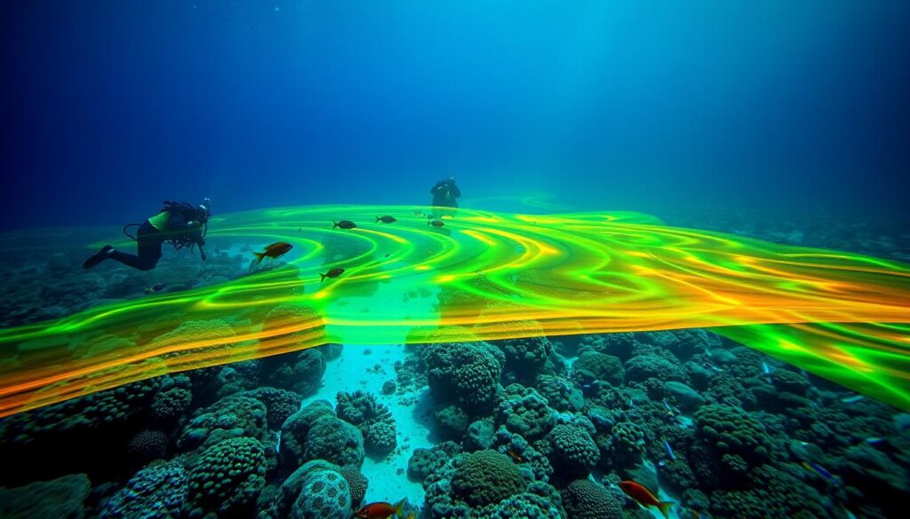 An underwater scene capturing a vibrant ocean floor mapping activity. In the foreground, a team of marine scientists operate high-tech equipment, carefully surveying the seabed with precision. Multicolored sonar waves ripple across the scene, mapping the contours and features of the seafloor in vivid detail. In the middle ground, a diverse array of marine life drifts and swims, unperturbed by the research activity. Corals, sponges, and schools of tropical fish create a colorful, thriving ecosystem. The background reveals the vast, mysterious depths of the ocean, illuminated by beams of warm, golden sunlight filtering down from the surface. The overall mood is one of scientific exploration and wonder, capturing the essence of interactive marine life and ecosystem discovery. An underwater scene capturing a vibrant ocean floor mapping activity. In the foreground, a team of marine scientists operate high-tech equipment, carefully surveying the seabed with precision. Multicolored sonar waves ripple across the scene, mapping the contours and features of the seafloor in vivid detail. In the middle ground, a diverse array of marine life drifts and swims, unperturbed by the research activity. Corals, sponges, and schools of tropical fish create a colorful, thriving ecosystem. The background reveals the vast, mysterious depths of the ocean, illuminated by beams of warm, golden sunlight filtering down from the surface. The overall mood is one of scientific exploration and wonder, capturing the essence of interactive marine life and ecosystem discovery.