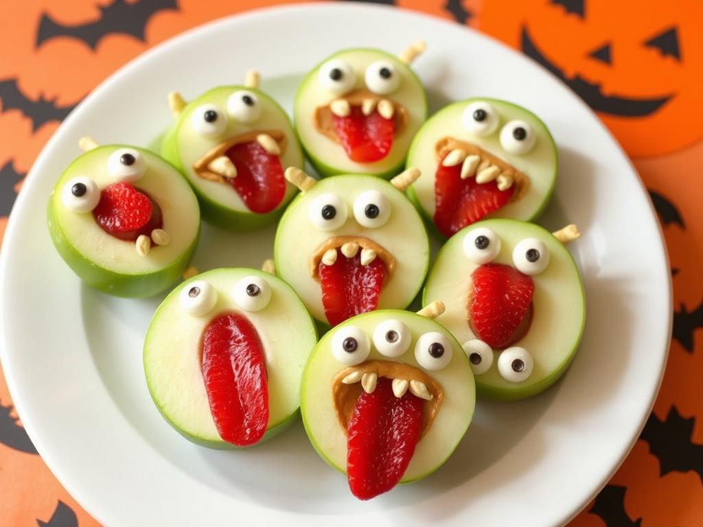 Apple monsters with nut butter and silly faces made from seeds and fruit