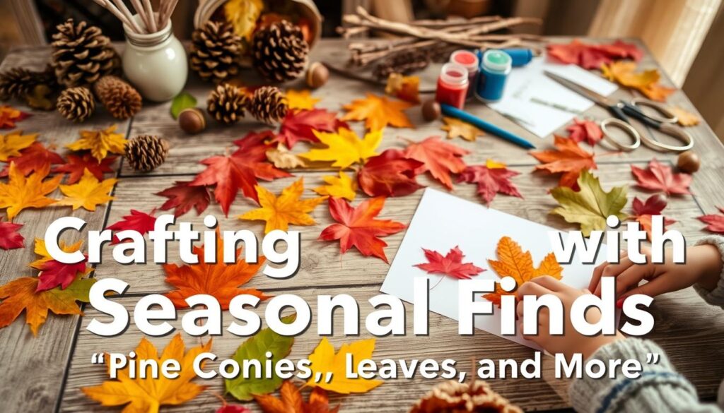 Autumn leaves in vibrant hues lie scattered on a rustic wooden table, surrounded by natural elements like pinecones, acorns, and twigs. The foreground features a child's hands carefully arranging the leaves to create beautiful leaf rubbings, while the middle ground showcases seasonal craft supplies like scissors, paper, and paint. The background depicts a cozy, warm-toned interior with hints of natural light streaming in, creating a serene and inviting atmosphere. The image conveys a sense of creativity, exploration, and connection with the natural world, perfectly capturing the essence of "Crafting with Seasonal Finds: Pine Cones, Leaves, and More".