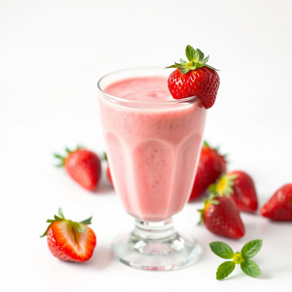 Bright pink Berry Blast Smoothie in a glass with strawberry garnish Bright pink Berry Blast Smoothie in a glass with strawberry garnish