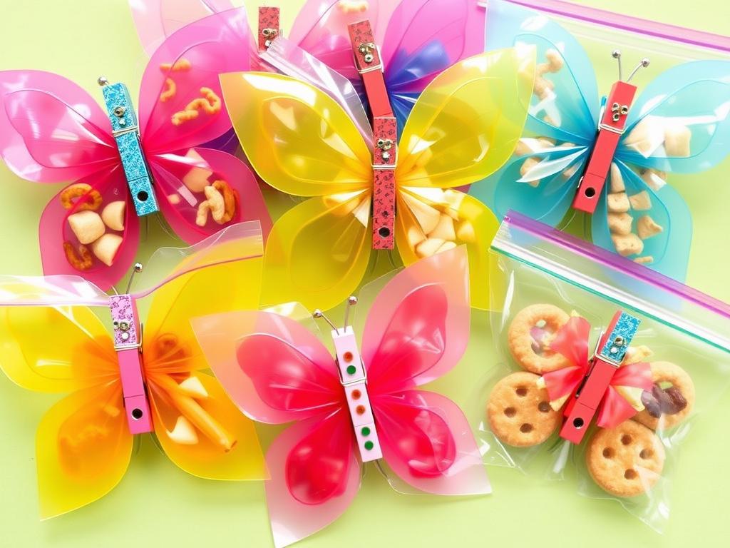 Butterfly snack bags with clothespins and filled with healthy snacks