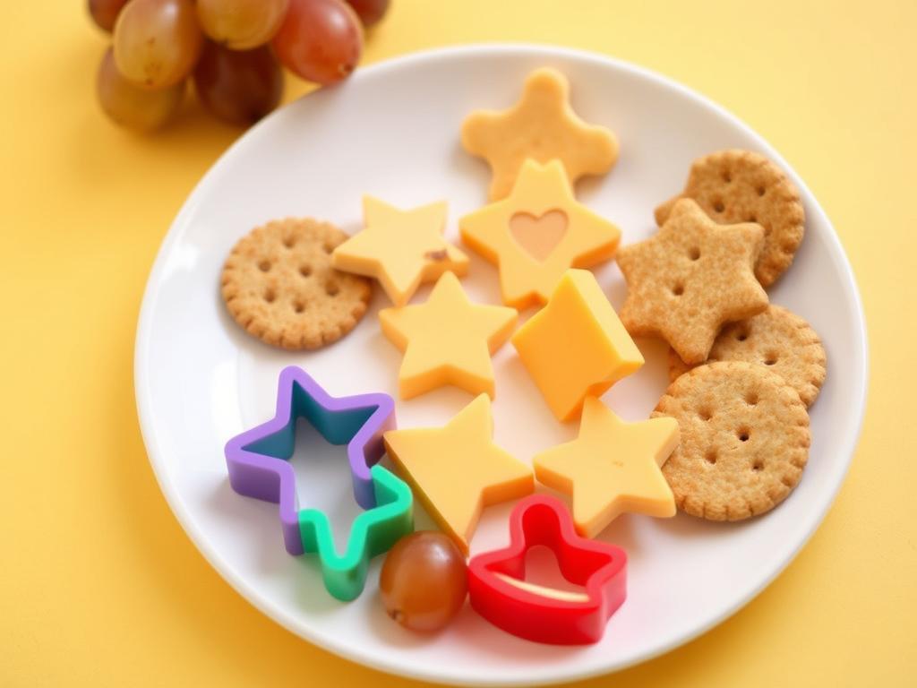 Cheese and whole grain crackers arranged in a fun pattern