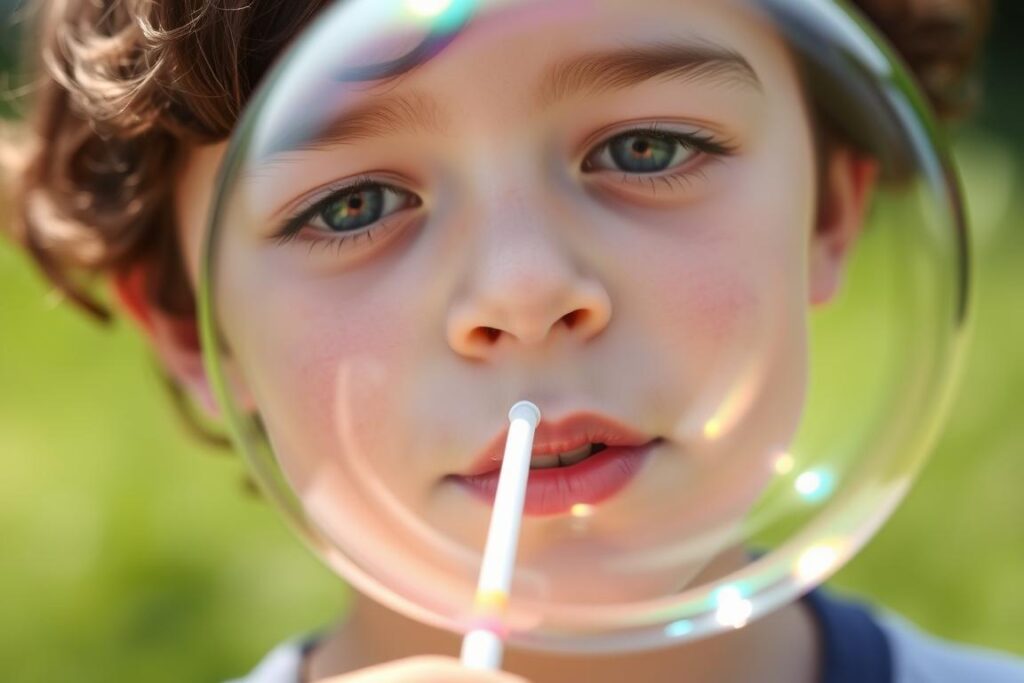 Child blowing a large bubble with a bubble wand outdoors Child blowing a large bubble with a bubble wand outdoors