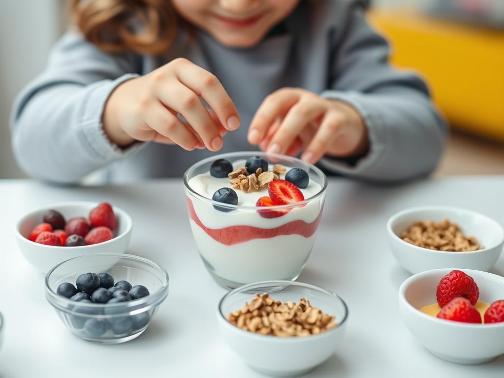 Child decorating their own snack creation with healthy toppings