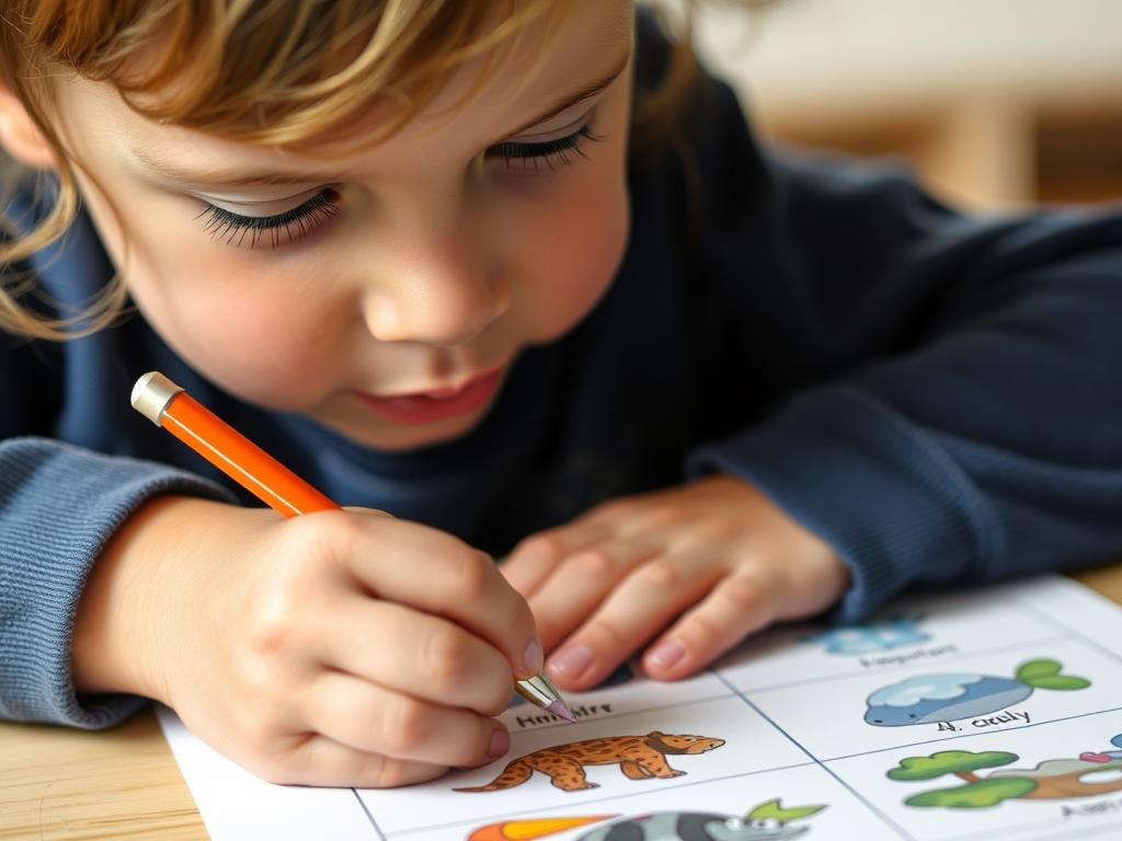 Child developing cognitive skills with matching worksheet Child developing cognitive skills with matching worksheet