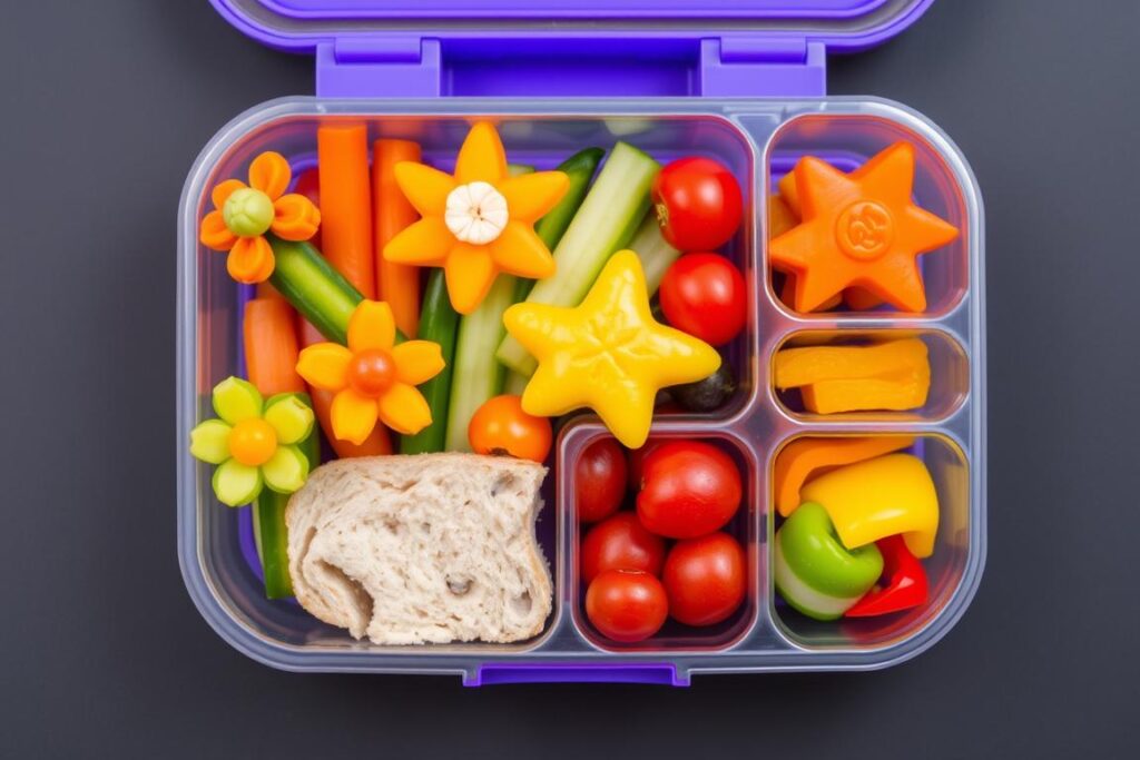 Child-friendly bento box with vegetables arranged in fun patterns