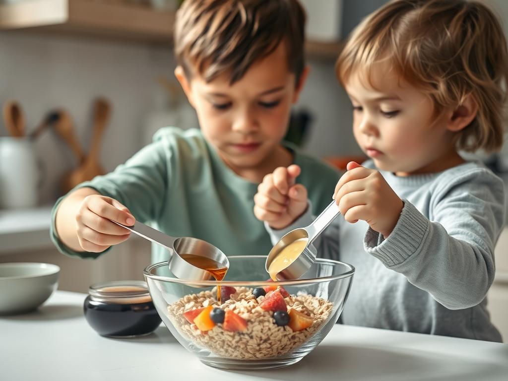 Child helping to prepare a healthy snack in the kitchen