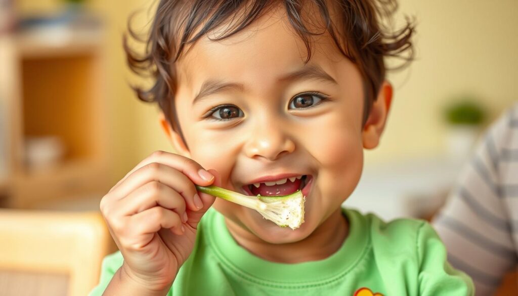 Child proudly trying a small piece of vegetable