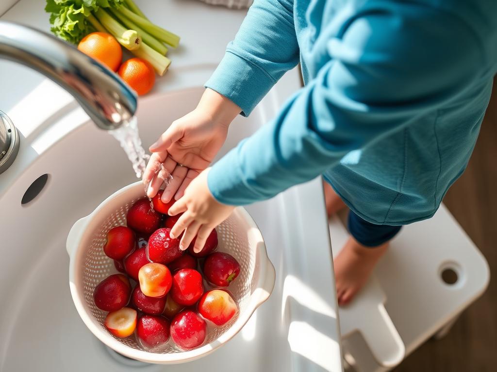 Child washing fruits and vegetables at the sink