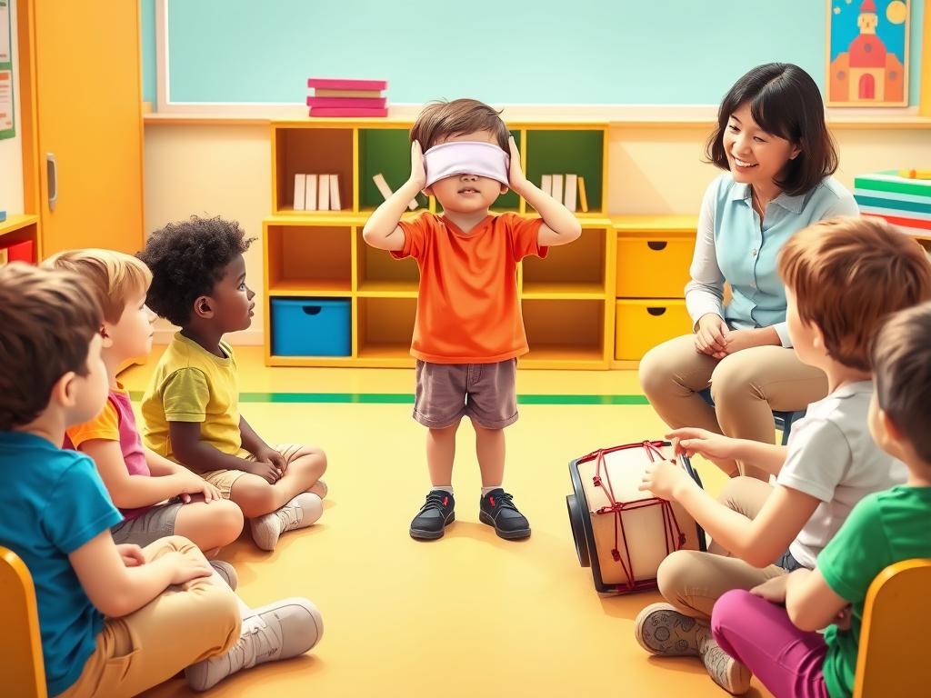 Child with eyes closed trying to identify a rhythm pattern in Rhythm Detective game Child with eyes closed trying to identify a rhythm pattern in Rhythm Detective game