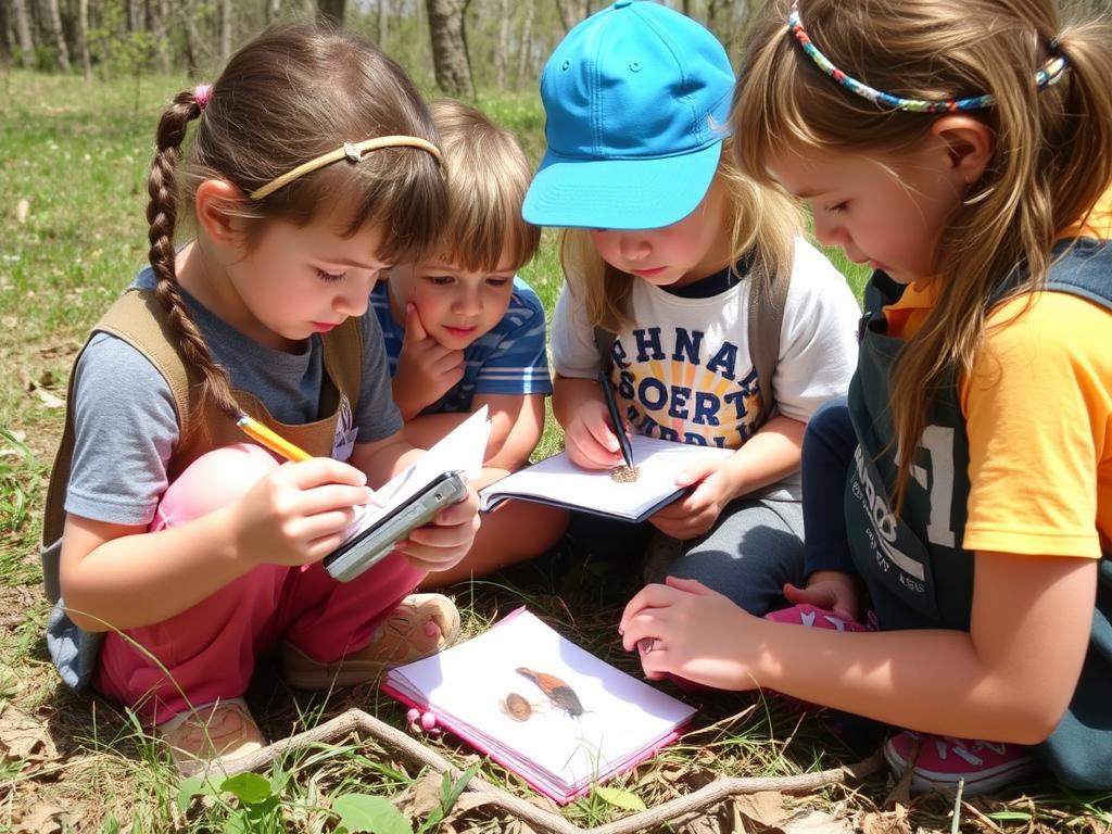 Children carefully observing nature during a scavenger hunt without disturbing it Children carefully observing nature during a scavenger hunt without disturbing it