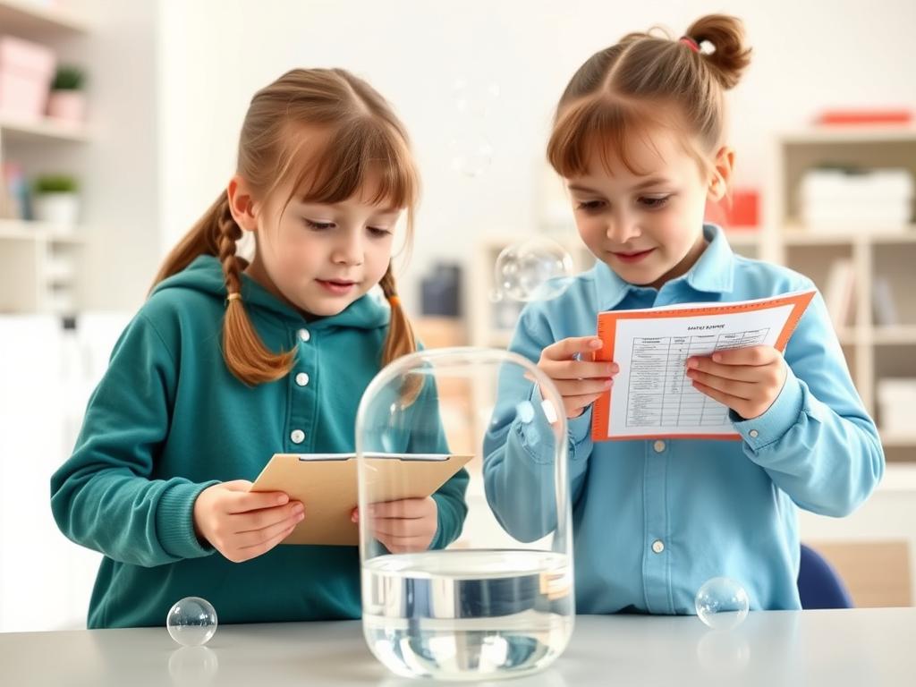 Children conducting a bubble science experiment with measuring tools and clipboards Children conducting a bubble science experiment with measuring tools and clipboards