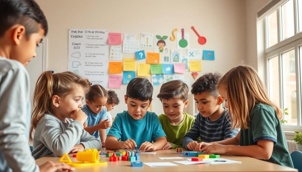 Children engaged in various critical thinking activities in a well-lit, inviting classroom setting. A group of diverse students, ages 6-10, are gathered around a table, immersed in discussions, problem-solving exercises, and hands-on learning activities. The foreground depicts the children collaborating, exchanging ideas, and using educational manipulatives, while the middle ground showcases a wall display of thought-provoking questions and colorful, interactive learning materials. The background features a large window, allowing natural light to flood the space and create a warm, engaging atmosphere conducive to intellectual exploration and cognitive development.