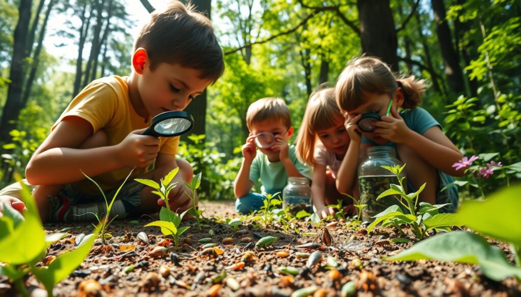 Children intently examining various insects and plants using magnifying glasses, hand lenses, and collection jars in a lush, sun-dappled outdoor setting. The foreground features a diverse array of bugs and small creatures crawling on the ground, while the middle ground showcases the eager young explorers carefully observing and interacting with the natural world. The background depicts a verdant forest scene with towering trees, vibrant foliage, and a sense of wonder and discovery. The lighting is soft and natural, capturing the curiosity and excitement of hands-on nature exploration.
