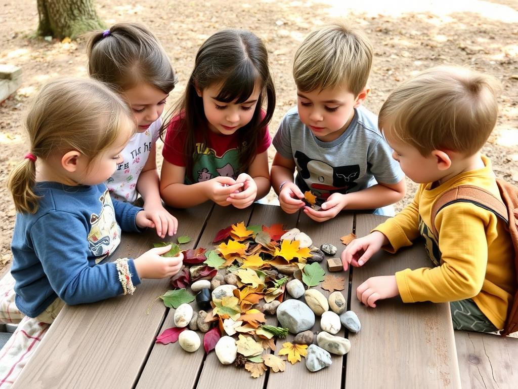 Children of different ages examining their nature scavenger hunt findings Children of different ages examining their nature scavenger hunt findings