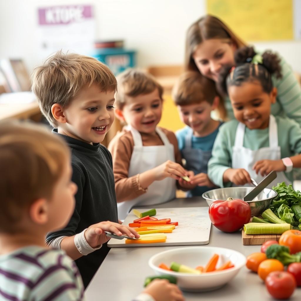 Children participating in a cooking class with vegetables Children participating in a cooking class with vegetables