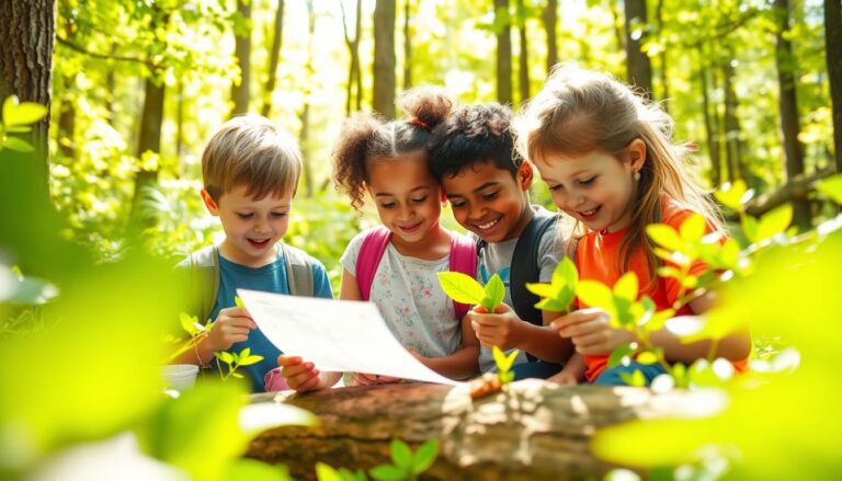 Children participating in a nature scavenger hunt for kids, examining leaves and natural objects in a forest setting