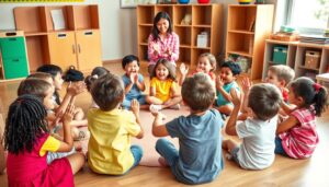 Children playing rhythm games for kids in a circle, clapping hands and smiling
