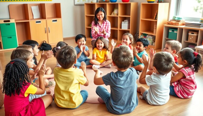 Children playing rhythm games for kids in a circle, clapping hands and smiling