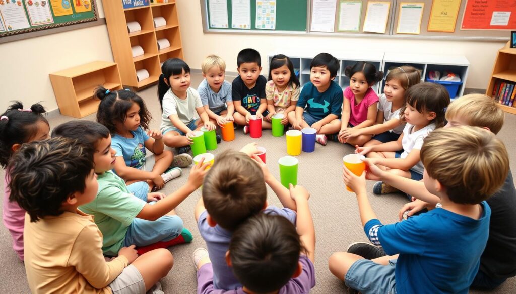 Children sitting in a circle passing cups to a rhythm Children sitting in a circle passing cups to a rhythm