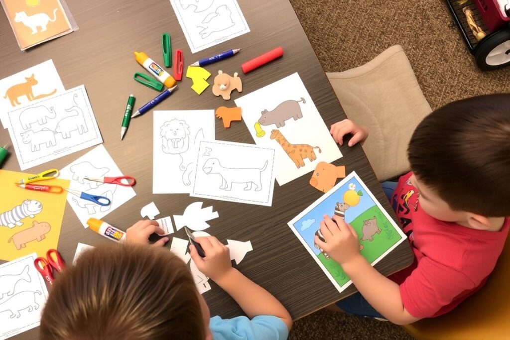 Children working on animal-themed cut and paste activities