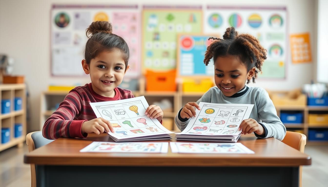 Children working together on colorful matching games worksheets