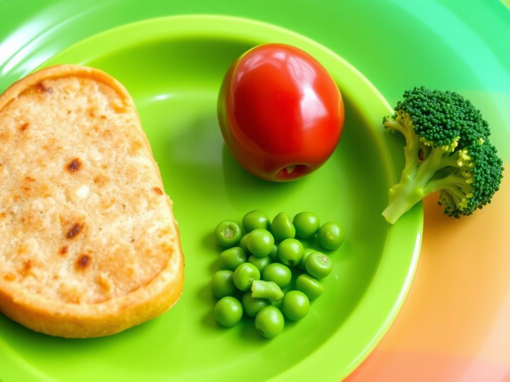 Child's plate with a tiny portion of vegetables next to familiar foods