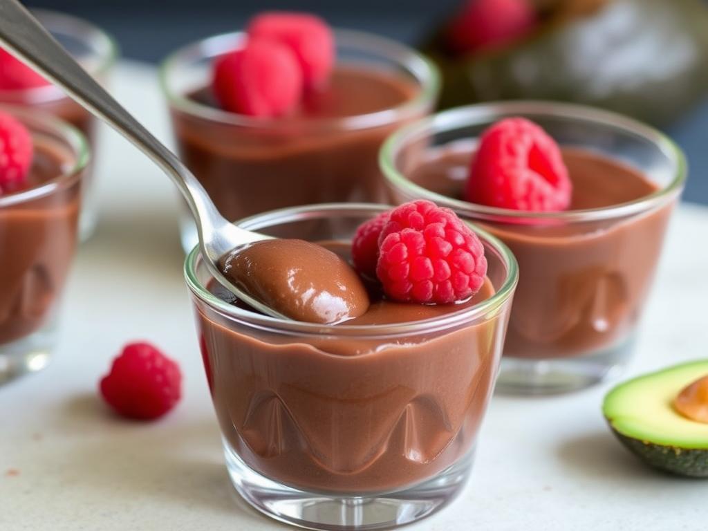 Chocolate avocado pudding in small glass cups with berries on top