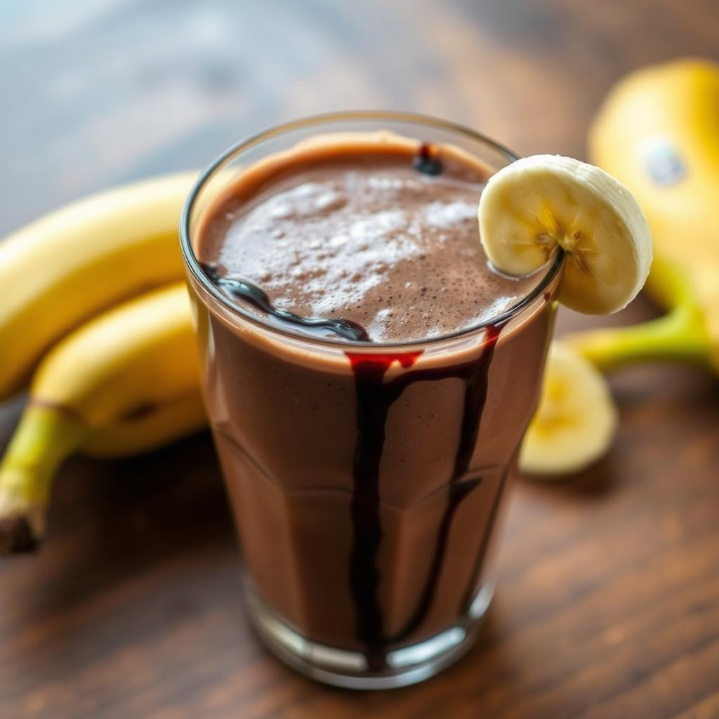 Chocolate banana smoothie in a glass with banana slice garnish Chocolate banana smoothie in a glass with banana slice garnish