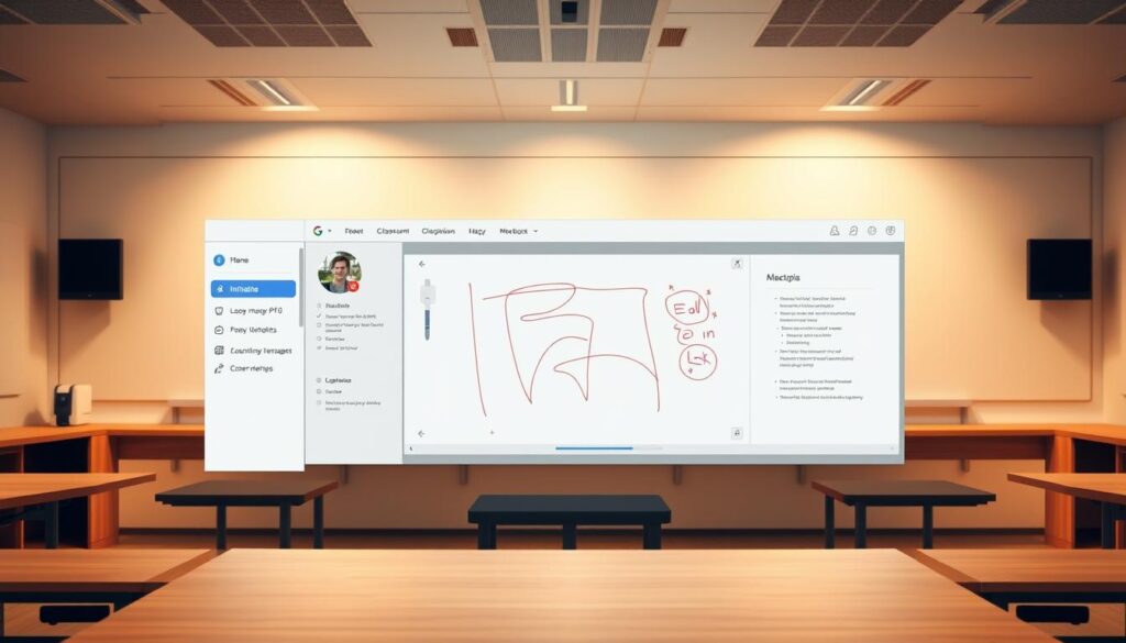 Classroom interface dashboard: a sleek, modern design with a clean, minimalist aesthetic. The foreground features a central dashboard with intuitive controls and toggles, allowing for seamless navigation of key features. The middle ground showcases a virtual whiteboard, vivid and detailed, with markers and annotations effortlessly integrated. In the background, a panoramic view of the classroom environment, softly lit with warm, natural lighting, creating a calming and focused atmosphere. The overall composition conveys a sense of functionality, efficiency, and ease of use, perfectly suited for the "Navigating the Google Classroom Interface" section of the article.
