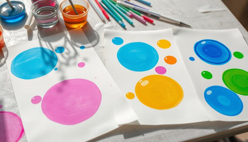 Colorful bubble art prints drying on a table with bubble solution nearby Colorful bubble art prints drying on a table with bubble solution nearby