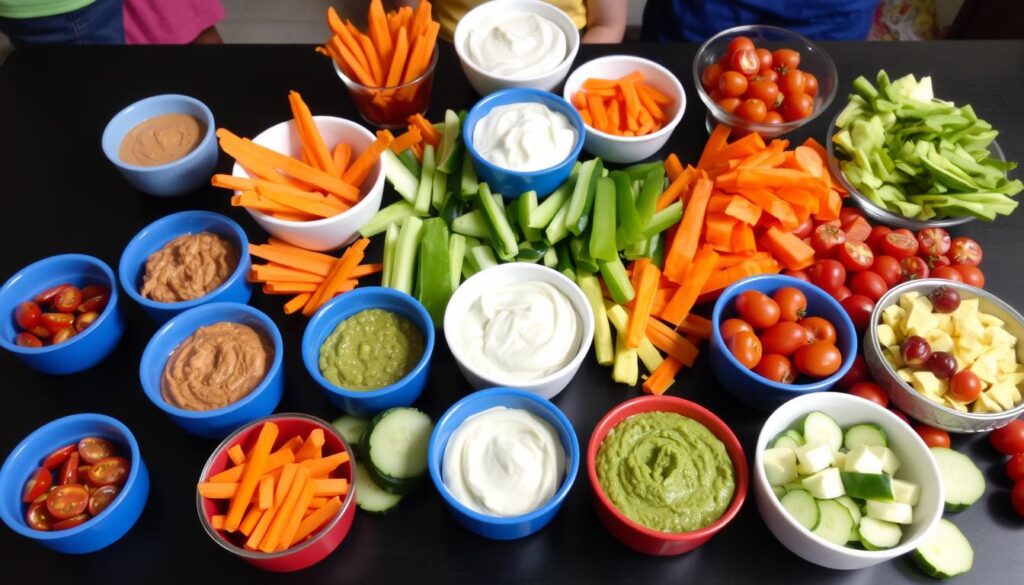Colorful vegetable dip station with various healthy dips
