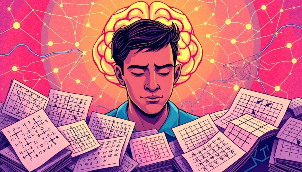 Detailed brain training exercises depicted in a vibrant, colorful illustration. In the foreground, an assortment of logic puzzles and brain teasers, such as Sudoku, crosswords, and pattern recognition tasks. In the middle ground, a person deeply engaged in solving these puzzles, their face displaying intense concentration. The background features a stylized, geometric brain structure, with neural pathways and synaptic connections illuminated in a soft, warm light. The overall atmosphere conveys a sense of intellectual stimulation, cognitive challenge, and the rewarding process of improving one's mental faculties through active engagement.