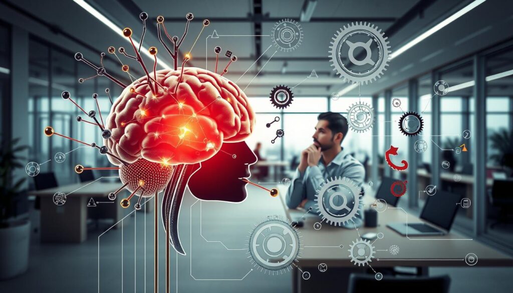 Detailed schematic diagram of an analytical thinking process. Foreground depicts a human brain with neurons firing, surrounded by gears, cogs, and mechanical components to symbolize the complex inner workings of cognition. Middle ground shows a thinker in deep contemplation, hands on chin, brow furrowed. Background features a sleek, modern office environment with clean lines, large windows, and subtle lighting to evoke an atmosphere of focused intellect. Lens is wide angle to capture the full scope of the analytical process, emphasizing the interplay between the organic and the mechanical aspects of critical thinking.