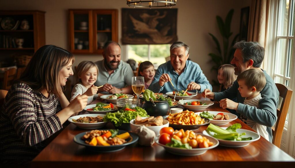 Family enjoying a relaxed meal together with vegetables on the table