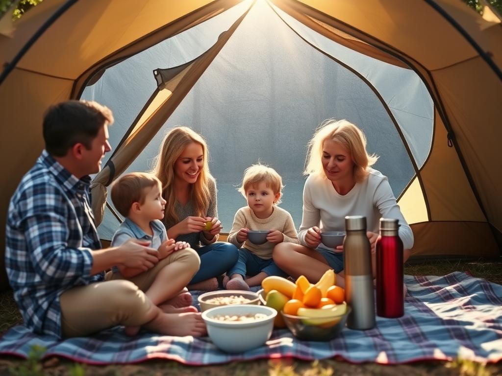 Family enjoying breakfast outside their tent in the morning Family enjoying breakfast outside their tent in the morning