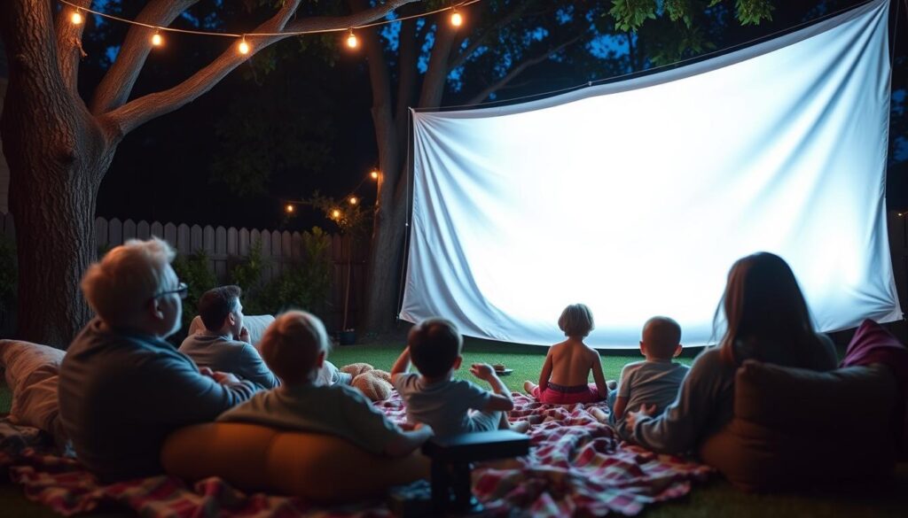 Family watching a movie projected onto a sheet in their backyard Family watching a movie projected onto a sheet in their backyard