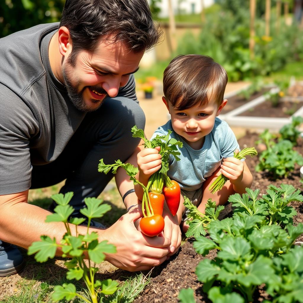 Father and son gardening vegetables together Father and son gardening vegetables together
