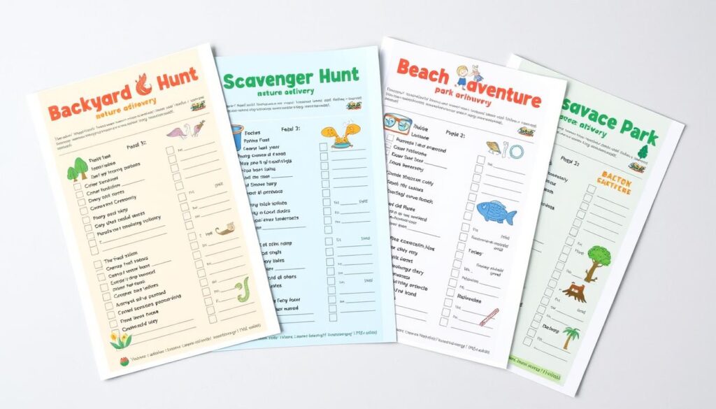 Four different printable nature scavenger hunt lists for various environments Four different printable nature scavenger hunt lists for various environments