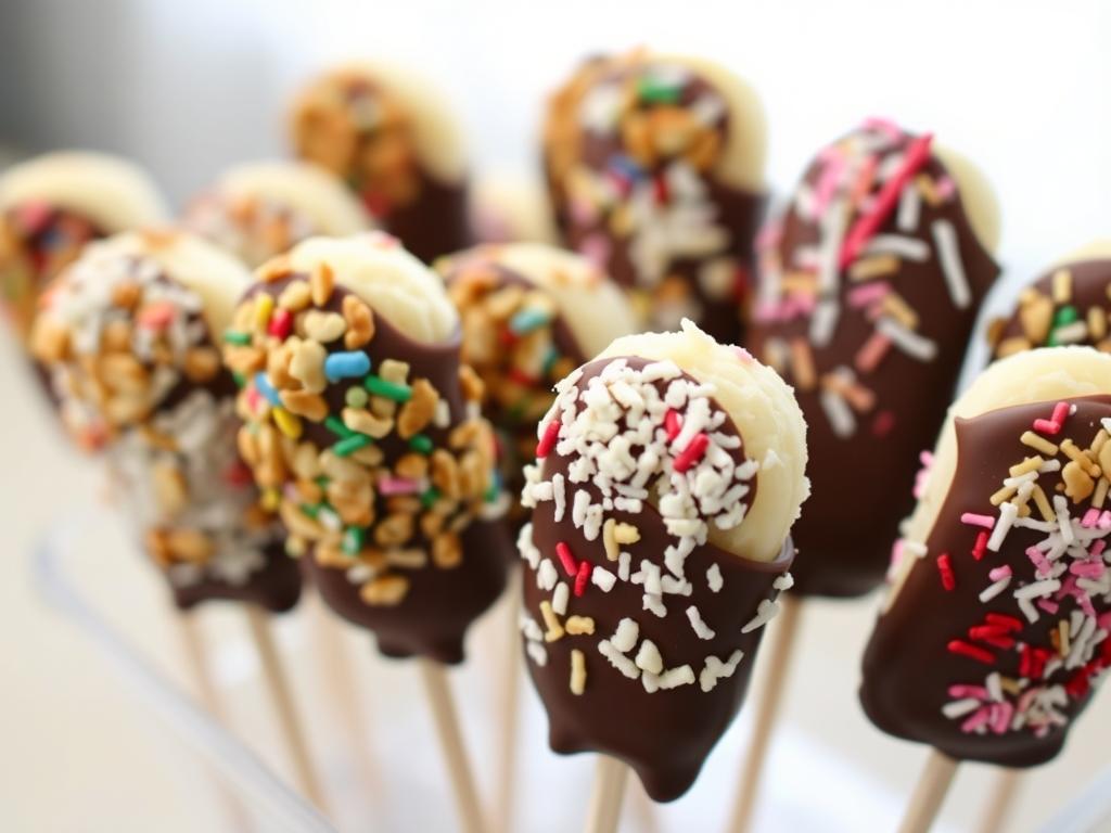 Frozen banana pops dipped in chocolate and various toppings