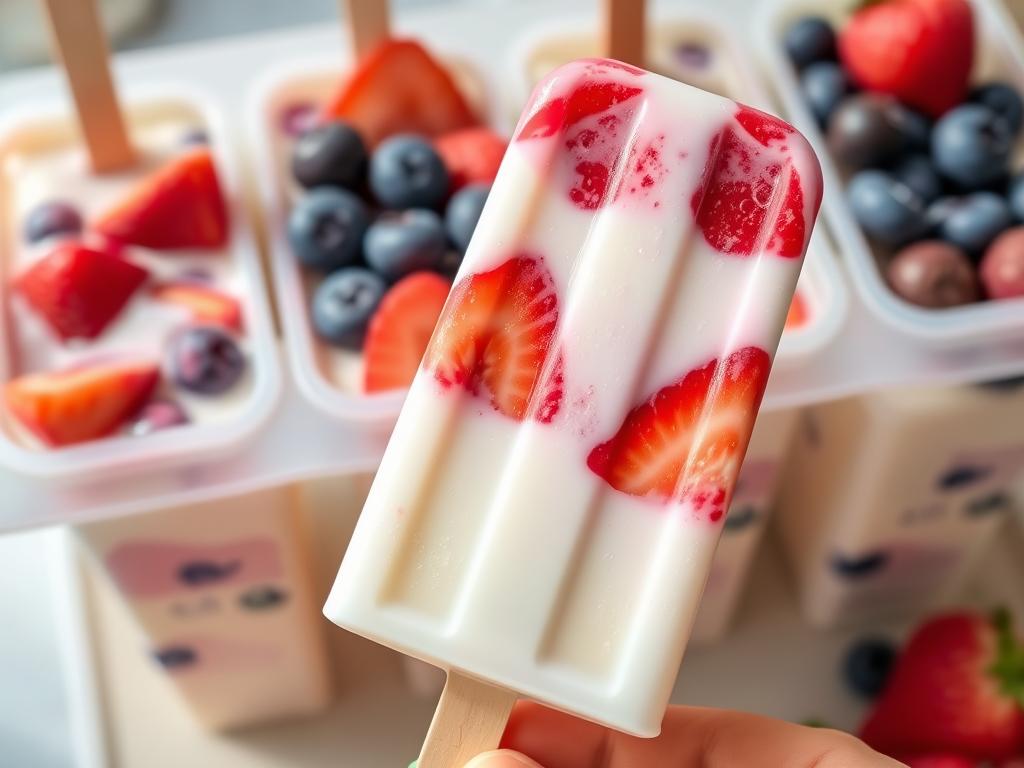 Fruit and yogurt popsicles with visible fruit pieces