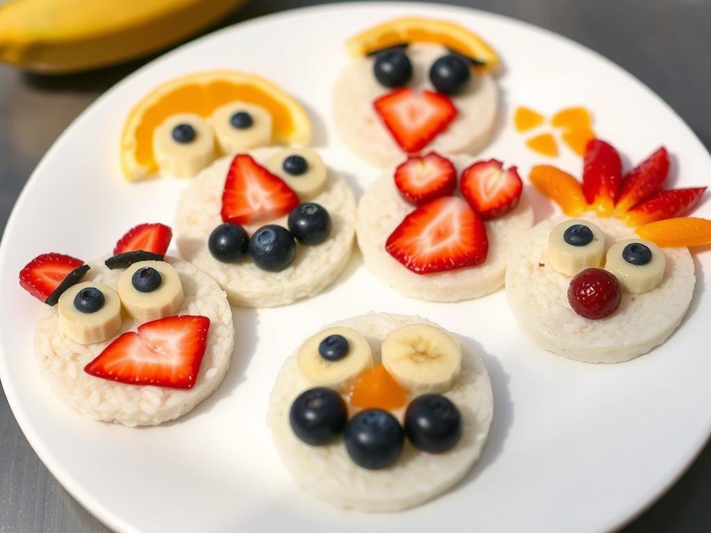 Fruit faces made on rice cakes with fruit arranged to look like facial features