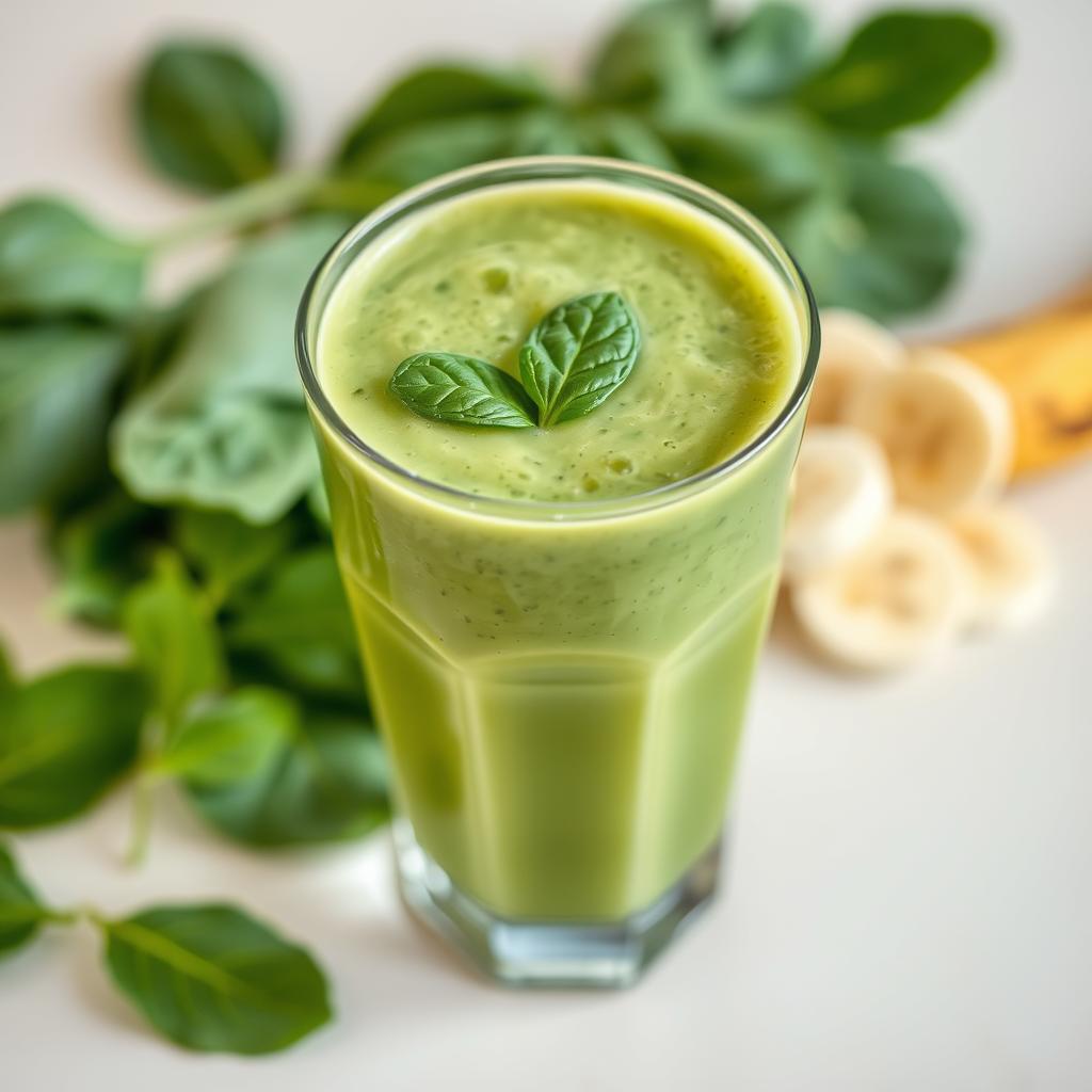 Green smoothie in a glass with spinach leaf garnish Green smoothie in a glass with spinach leaf garnish