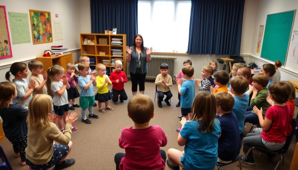 Group of children performing body percussion in different sections like an orchestra Group of children performing body percussion in different sections like an orchestra
