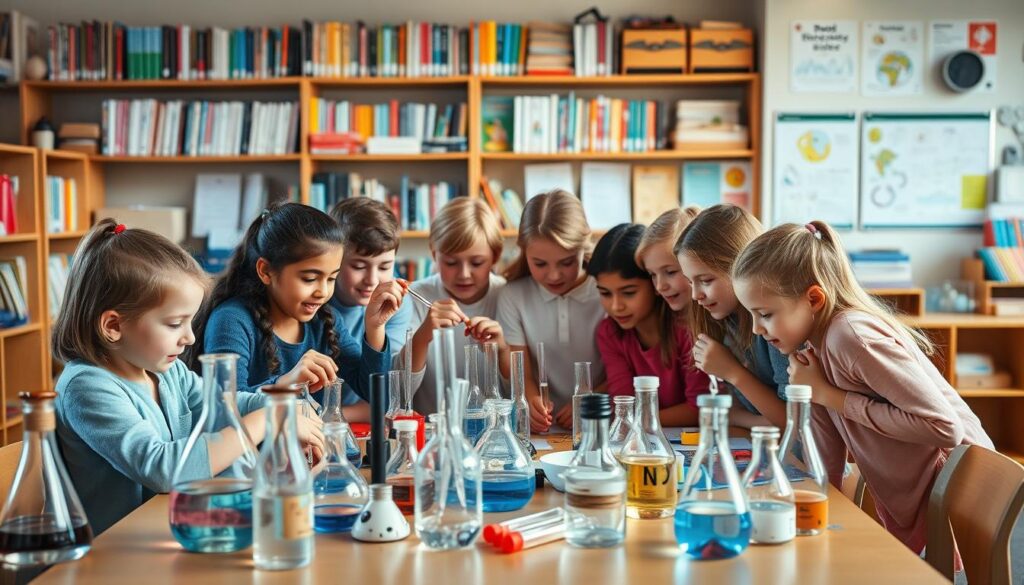 Hands-on science experiments unfold in a vibrant classroom setting. At the center, a table overflows with an array of scientific instruments and materials - beakers, test tubes, magnifying glasses, and more. Curious students gather around, their faces alight with excitement as they lean in to observe the captivating demonstrations. Soft, diffused lighting bathes the scene, creating a sense of warmth and discovery. In the background, shelves brimming with books and scientific posters line the walls, hinting at the wealth of knowledge that surrounds the inquisitive minds. This is a space where learning comes alive through hands-on exploration, sparking the imagination and igniting a passion for the wonders of science.